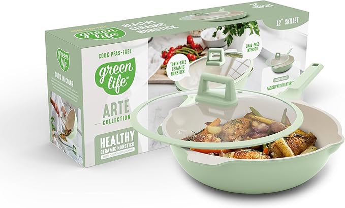 GreenLife Nonstick 12??(5QT) All in One Deep Skillet Wok with Lid, PFAS-Free Non-Toxic Ceramic Multi-Purpose Pan, Induction, All Stovetop, Egg, Stir Fry, Saute, Stay Cool Handle, Sage Green