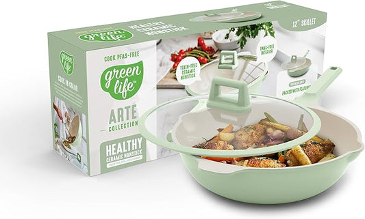 GreenLife Nonstick 12??(5QT) All in One Deep Skillet Wok with Lid, PFAS-Free Non-Toxic Ceramic Multi-Purpose Pan, Induction, All Stovetop, Egg, Stir Fry, Saute, Stay Cool Handle, Sage Green