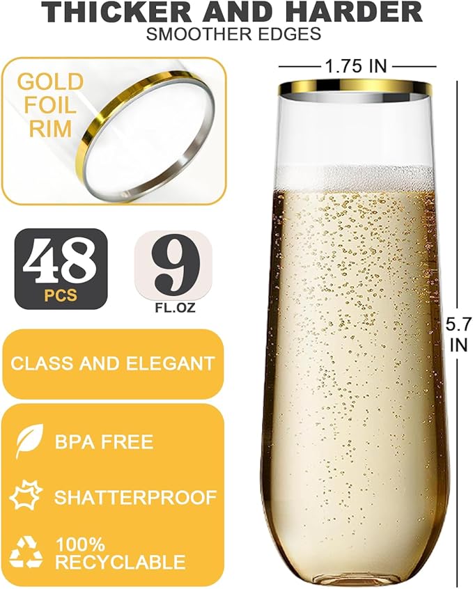 48 Pcak Champagne Flutes Plastic, 9 Oz Disposable Stemless Mimosa Gold Rim Toasting Glasses, Clear Crystal Plastic Cocktail Cups for Party Wedding Birthday