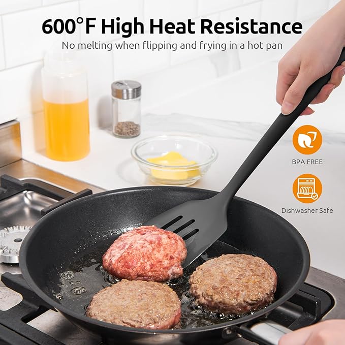 600쨘F Heat Resistant Slotted Turner: U-Taste 13.6in Silicone Kitchen Spatula Flipper, 3.74in Wide Food Grade Flexible Thin Rubber Cooking Utensil for Egg, Pancake, Cookie in Nonstick Cookware (Black)