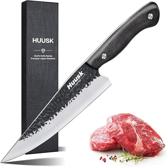 Huusk Chef Knife Japanese Kitchen - Hand Forged Viking Knife for Meat Cutting - Ideal Kitchen Knife Made From a Single Piece of High Carbon Steel Christmas Gift for Men and Women
