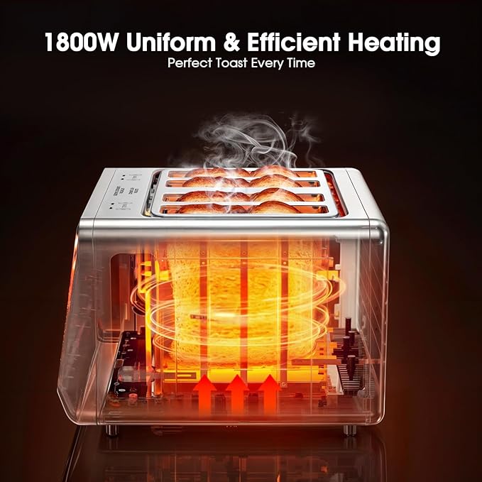 Smart Toaster 4 Slice Wide Slot??Dual Digital TouchScreen & Independent Control for Family | 1800W Stainless Steel for 6 Bread Types & Toast Settings | Defrost Reheat & Single-Slice Modes