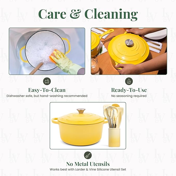 Larder & Vine Enameled Cast Iron 5.7qt Dutch Oven Pot with Lid | Bread Baking | Compatible on All Cooktops & Oven Safe to 500째 F | Great for Sourdough Bread | Limoncello