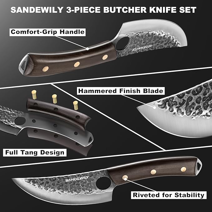 Hand Forged Butcher Knife Set, 7" Meat Cleaver + 8" Chef Knife + 6" Viking Knife, Full Tang High Carbon Steel, Wooden Handle, Whetstone, Durable for Meat Cutting, BBQ and Outdoor Cooking