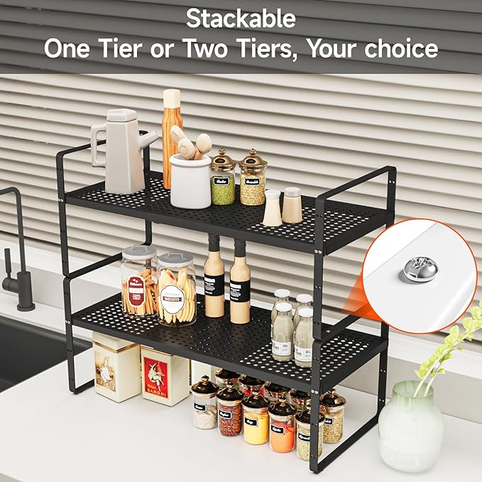 16.5-27?쇺셂 Expandable Cabinet Countertop Shelf Organizer, Stackable Metal Shelves, Kitchen Organizers and Storage, Black Storage Spice Rack for Pantry and Cupboard