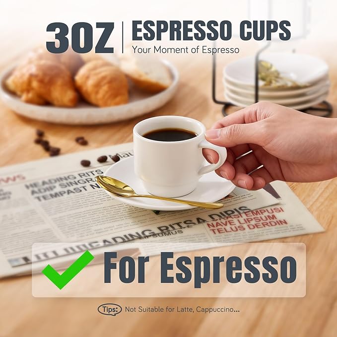 Lareina 3-Ounce Espresso Cups with Saucers, Spoons and Metal Stand, Small Stackable Coffee Cups Set of 4, Ceramic Demitasse Mugs, White