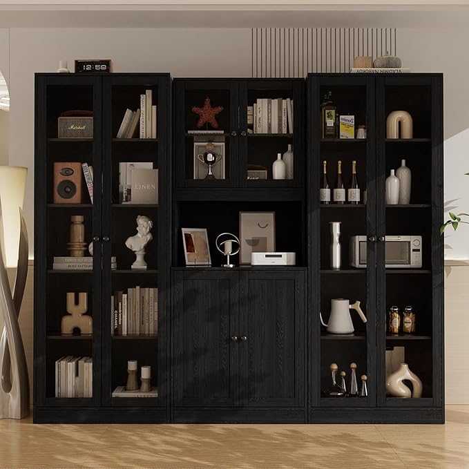 VOWNER 3PCS Bookshelf and Bookcase, 5-Tier Modern Bookshelves with 3 Large Drawer, Glass Display Cabinet with Lager Storage Shelf, Combination Storage Shelves for Home Office (Black)