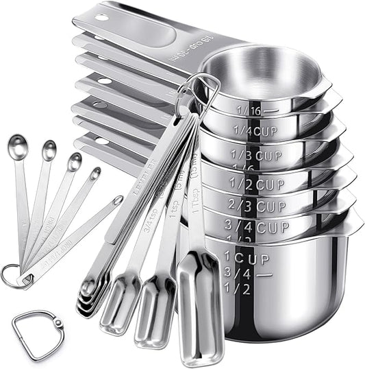 AMOHEE 20Pcs Measuring Cups and Spoons Set, Includes 7pcs Stainless Steel Measuring Cups, 12 Measuring Spoons with Leveler for Cooking & Baking, Dishwasher Safe