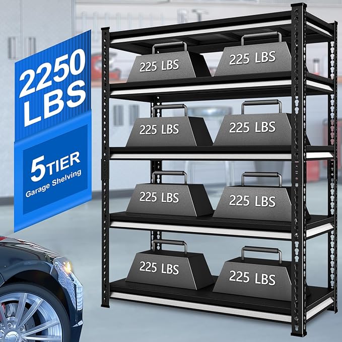 40" W Garage Shelving Heavy Duty, 2250 Lbs Loads Garage Storage Shelves Heavy Duty, 5-Tier Metal Shelving Units and Storage for Basement, Retiple Tanks,40" Wx18 Dx72 H, Black