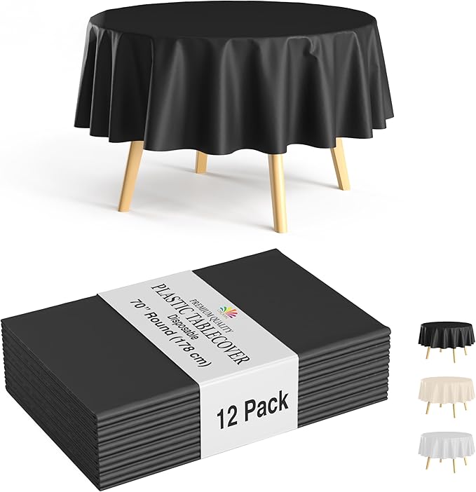 Party Solids 12-Pack Black Round Plastic Tablecloth Disposable ??Size: 70 Inches ??Round Plastic Table Cloths for Parties, Picnics & Formal Events