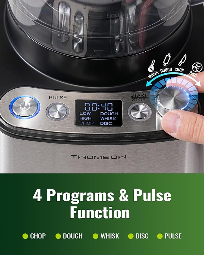 TWOMEOW Food Processor, 4 Programs & Pulse,1000W Max Power,12 Cups Total Volume for Slicing, Mincing, Dicing, Shredding, Puree, Dough and Vegetable Chopper Clean Bowl Scraper, Stainless Steel