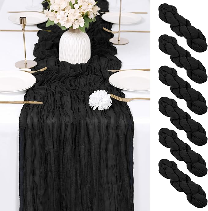 RealBox 6 Pack Black Cheesecloth Table Runner 17x108 Inch Semi Sheer Boho Gauze Cheese Cloth Fabric Table Runners Table Decor for Wedding Party Baby Shower Birthday Home Decor Garden Farmhouse