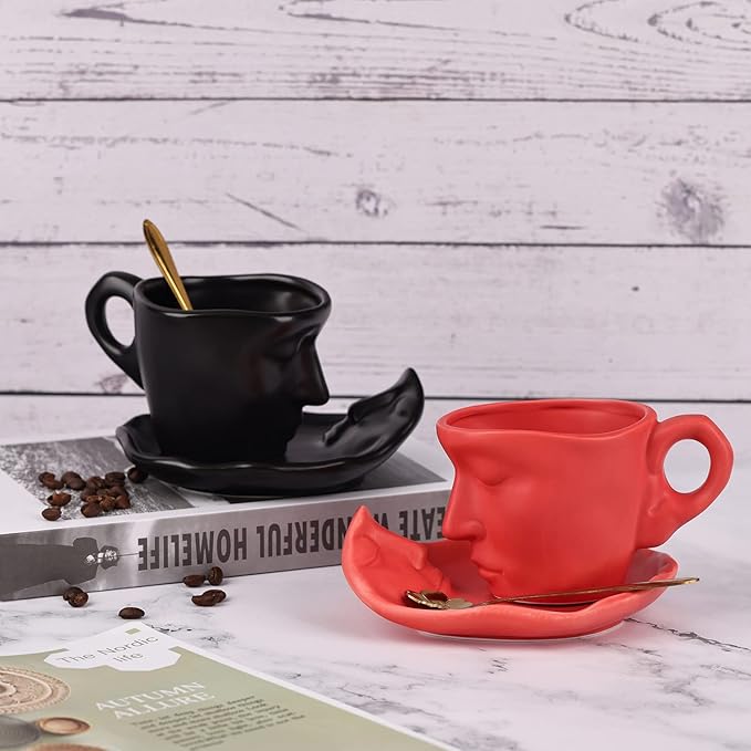 oliruim Red Coffee Cup and Saucer Set - Ceramic Unique Kissing 8.5 oz Coffee Mug Set with Spoon, Face Coffee Cup and Saucer for Valentine, Wedding, Anniversary Decor (Red)