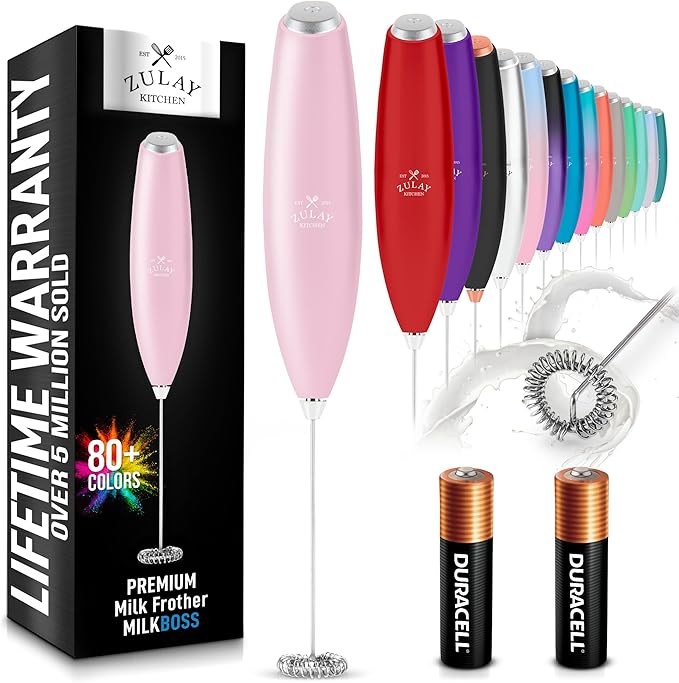 Zulay Kitchen Milk Frother Handheld Electric Whisk with AA Duracell Batteries ??Durable Drink Mixer for Coffee, Lattes, Cappuccinos & More - Pink