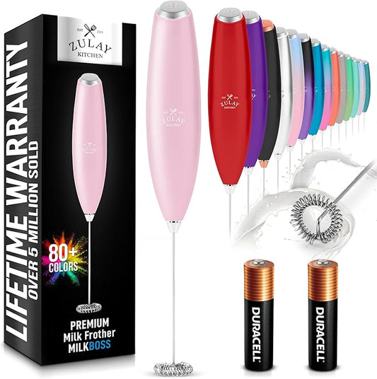 Zulay Kitchen Milk Frother Handheld Electric Whisk with AA Duracell Batteries ??Durable Drink Mixer for Coffee, Lattes, Cappuccinos & More - Pink
