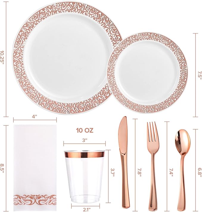 FOCUSLINE 350 Ct Rose Gold Dinnerware Set for 50 Guests, Rose Gold Lace Plastic Plates Disposable Heavy Duty, Including 50 Dinner & Dessert Plates, Cups, Napkins, Cutlery Set