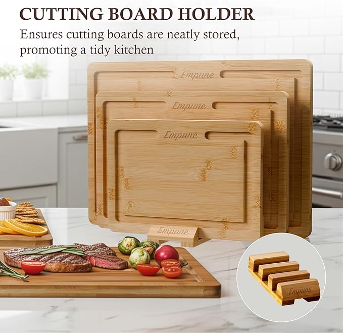 Empune Bamboo Cutting Board Set, Wood Cutting Boards for Kitchen with Holder Wooden Chopping Board for Meal Prep & Serving, Natural Bamboo