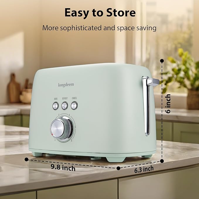 2 Slice Toaster - Stainless Steel, 1.5" Extra Wide Slots, 6 Browning Settings, Bagel/Defrost/Cancel Modes, Green