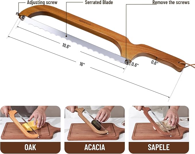 Sourdough bread knife, Bread Knife 16",Bread Slicer for Homemade Bread,Adjustable blade tightness for Even Slicing, Serrated knife,Wooden Bread cutter with Bow Design (3, brown)