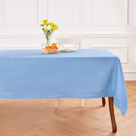 Solino Home Linen Cornflower Blue Tablecloth 52 x 52 Inch - 100% Pure Linen Square Table Throw - Classic Hemstitch, Machine Washable Table Cloth for Spring, Easter