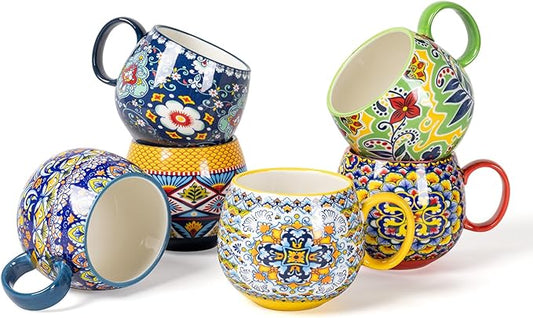 HENXFEN LEAD Boho Ceramic Coffee Mugs Set of 6 ??20 oz Large Porcelain Cups for Latte, Cappuccino, Tea, Cocoa & Soup ??Microwave & Dishwasher Safe