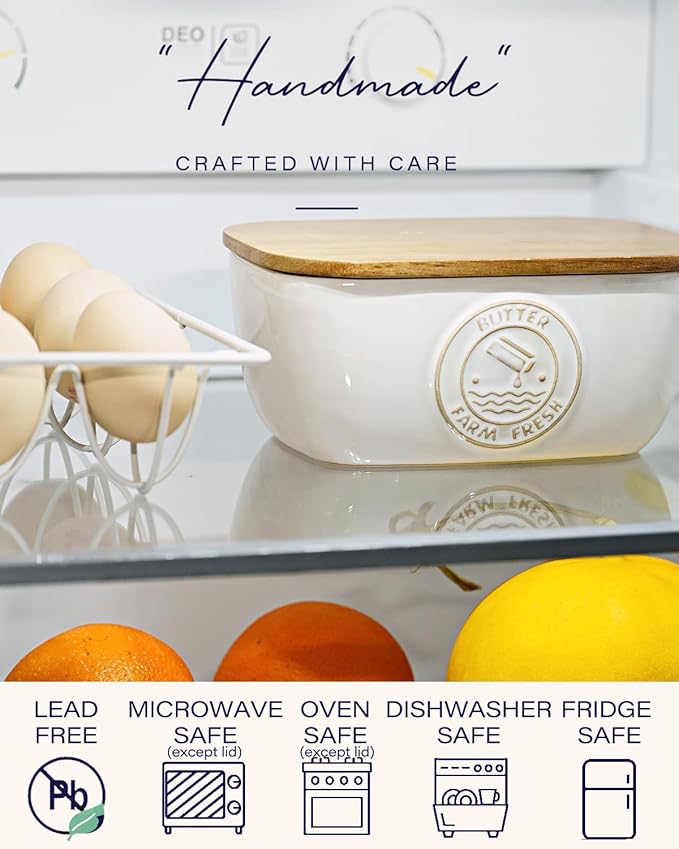 Getstar Ceramic Butter Dish with Acacia Lid for Countertop, Silicone Sealing, Farmhouse Kitchen Counter Decor, Large Butter Keeper Container (6.5?쓝4??