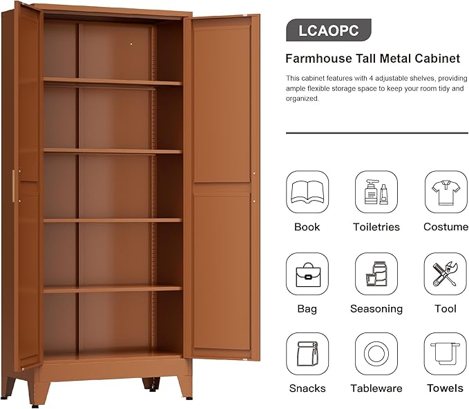71" Tall Metal Storage Cabinet with 2 Doors and 4 Adjustable Shelves, 5-Tier Kitchen Pantry Storage Cabinet for Kitchen, Living Room, Dining Room and Office, Brown