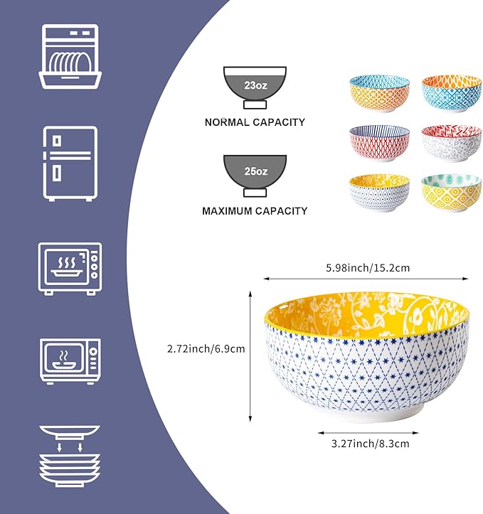 Cerkik Ceramic Soup Bowls Set - 23 Oz Deep Cereal Bowl for kitchen - 6 Inch Porcelain Salad Bowl for Pasta, Dessert, Ramen - Microwave Dishwasher Safe - Set of 6 - Assorted Colors