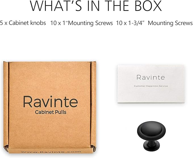 Ravinte 5 Pack 1-1/4 inch Kitchen Cabinet Knobs Matte Black Dresser Zinc Pulls Door Drawer Handles for Dresser Drawers