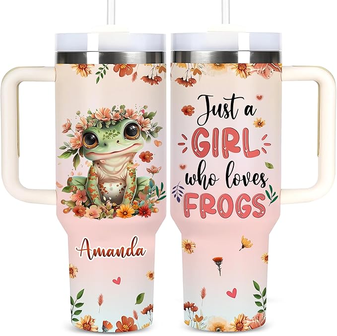 AGGLOMEKC Personalized Cute Frog Cup - Mother's Day Birthday Gift For Animal Lovers - Just A Girl Who Loves Frog Tumbler 40oz With Custom Name - Pet Lover Gifts For Women, Her