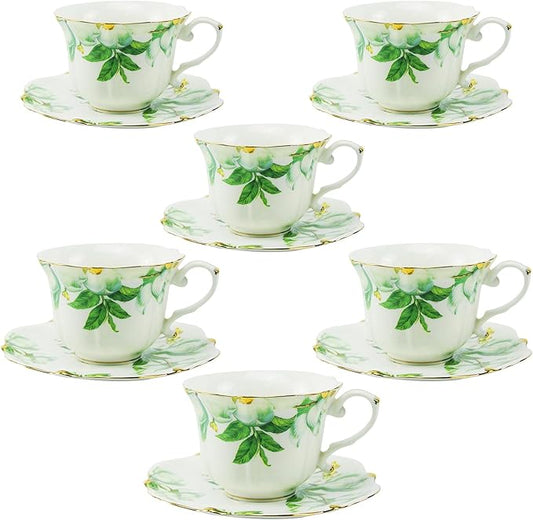 TATSUMI Country Roses 18 Peices Bone China Tea Cup And Saucer Set, English Vintage Tea Cups Of 6 For Women And Tea Party Sets(Green, 6 sets)