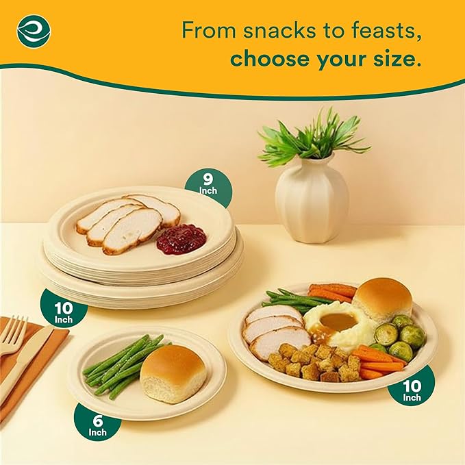 ECO SOUL Compostable Paper Plates 6 Inch (400 Count) Plates for Christmas Dessert, Heavy Duty, Eco-Friendly Sugarcane Bagasse Small Plates For Appetizer- Natural Brown