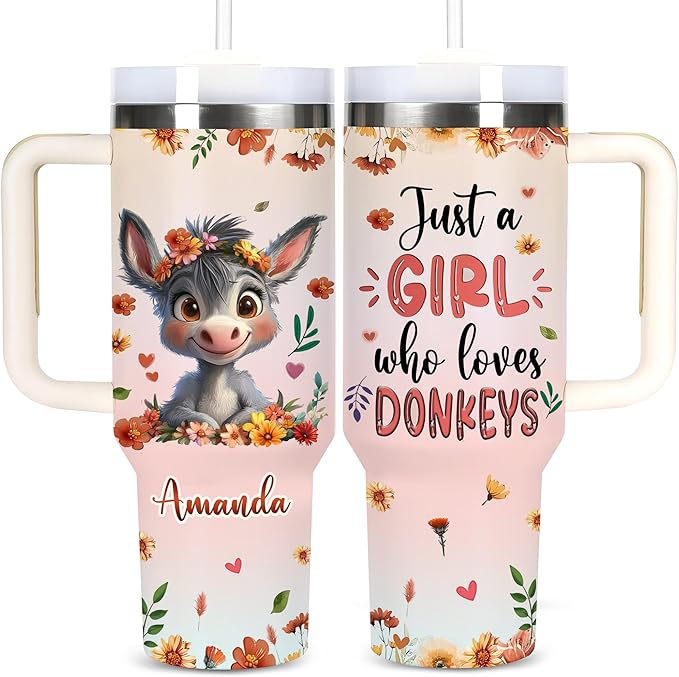 AGGLOMEKC Personalized Cute Donkey Cup - Mother's Day Birthday Gift For Animal Lovers - Just A Girl Who Loves Donkey Tumbler 40oz With Custom Name - Pet Lover Gifts For Women, Her