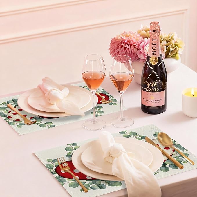 Valentine Placemats Set of 4, 12x18 Inch Eucalyptus Hearts Table Mats, Seasonal Anniversary Holiday Valentines Day Table Decorations for Kitchen Dining Home Party Decor