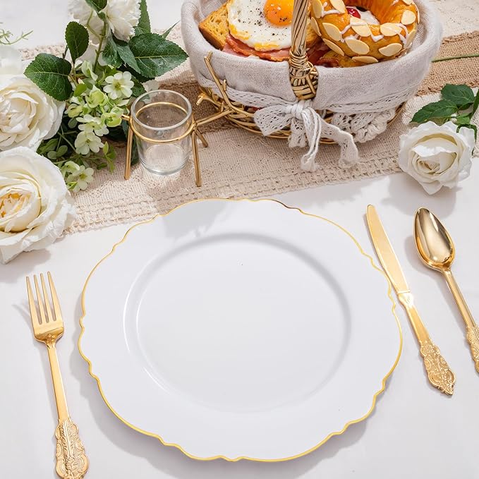 WDF 60pcs Gold Plastic Dinner Plates -10.25inch Baroque White and Gold Plates Fancy Heavy Duty Plastic Plates for Upscale Valentine's Day & Wedding & Birthday