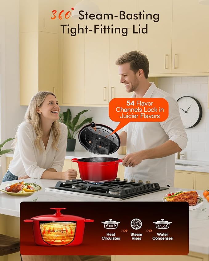 Nuwave 6QT LUX Healthy Enameled Cast Iron Dutch Oven Pot with Lid, Heavy Duty 7-Layer Enamel, Enhanced Rust Protection, Dual Handles, Oven Safe to 500째F for Sourdough Bread Baking, Braise, Stew, Roast