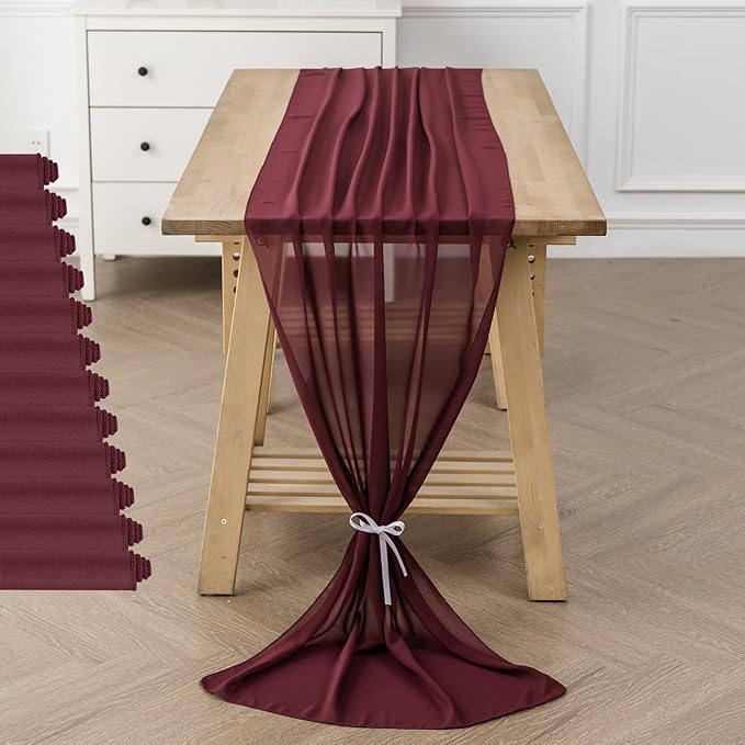 flohar 12Pack 9ft Christmas Chiffon Table Runner 14x108 Inch Sheer Romantic Table Runner for Wedding Birthday Party Bridal Shower Outdoor Decoration -Burgundy