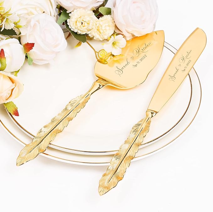 Wedding Cake Knife and Server Set, Personalized Gold Cake Cutting Set for Wedding, Engraved Classic Cake Cutter Set, Pie PastryServer, Birthday Bridal Quincea챰era Gift (CUS-Feather)