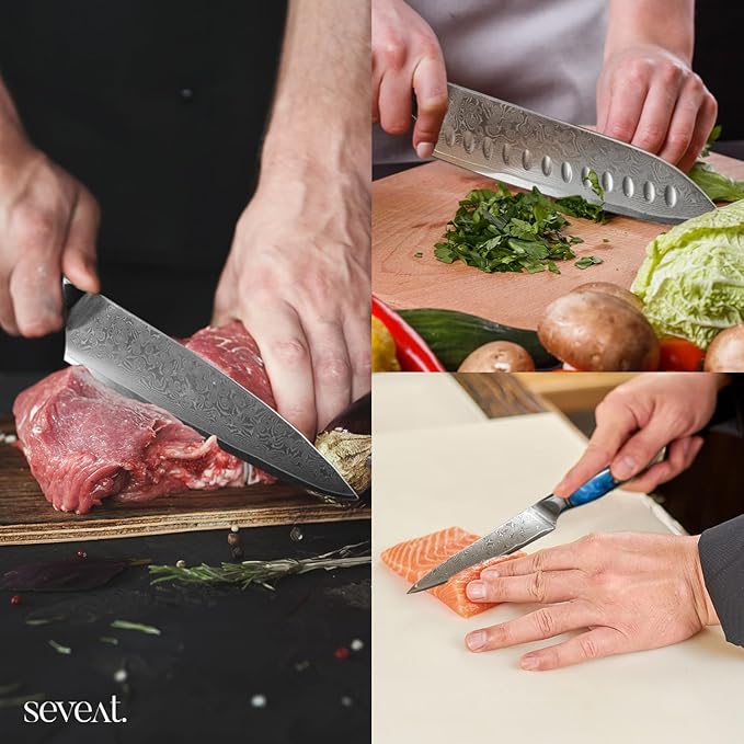 Damascus Kitchen Knife Set, 67-Layer Damascus Steel, 3-Piece Professional Set: 13??Chef, 12.3??Santoku & 9.8??Utility Knife, Ergonomic Wood & Resin Handle, Ideal for Gifting (Blue, 3 pieces)