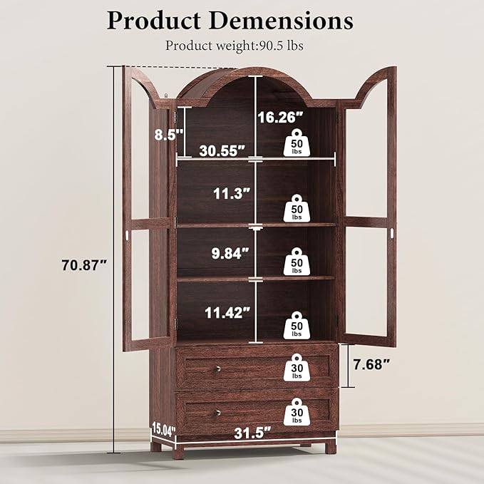 EasyCom 71 Tall Arched Pantry Cabinet, Farmhouse Wood Kitchen Cabinet with 2 Large Drawers, 4-Tier Storage Cabinet with Adjustable Shelf & Magnetic Clasp Doors for Living Room, Dining Room, Brown