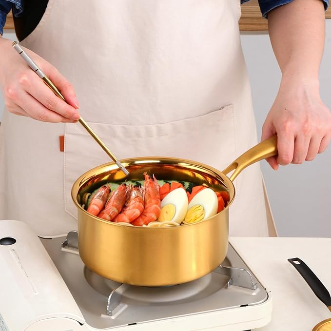 BuyGo 18/8 Stainless Steel Saucepan, 2.5 Quart Gold Pan with Heat Resistant Long Handle, 3-Layer Multipurpose Cookware Pot, Compatible Stovetops: Gas, Electric, Dishwasher Safe