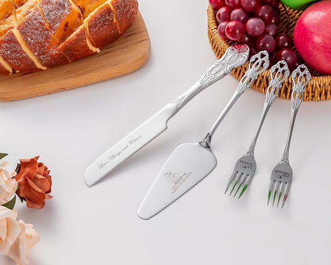 Wedding Cake Knife and Server Set, Silver Cake Cutting Set for Wedding, 4 Pieces Mr and Mrs Gifts Set with Forks for Engagements, Anniversaries