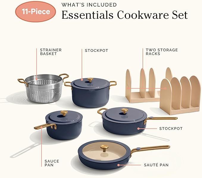 Our Place 11-Piece Essentials Complete Cookware Set - Ceramic Fry Pan, Saucepan, Saut챕 Pan, Stock Pot, Strainer Basket & Rack Storage | Thermakind??Nonstick, Oven Safe up to 450째F | Blue Salt