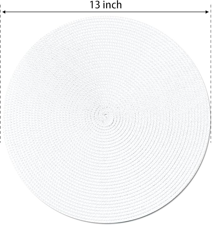 FunWheat Round Braided Placemats Set of 6 Place Mats for Dining Tables Woven Washable Non-Slip Table mats Small 13 inch(S White, 6pcs)