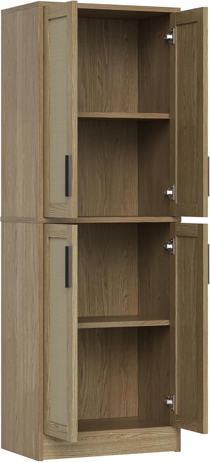 Pantry Cabinet - Tall Kitchen Pantry Storage Cabinet with 4 Rattan Doors and Adjustable Shelves, Wood Cupboard for Kitchen, Dining Room, Bathroom, Hallway, Laundry Room, Living Room
