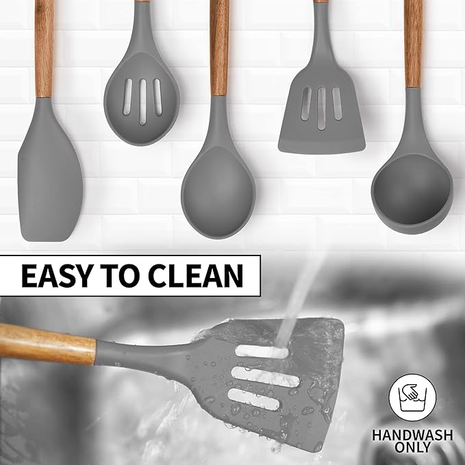 Zulay Kitchen Utensils Set Non-Stick Silicone Cooking Utensils Set with Authentic Acacia Wood Handles - 5 Piece Silicone Utensil Set - Kitchen Utensils Set with 464째F Heat Resistance - Gray