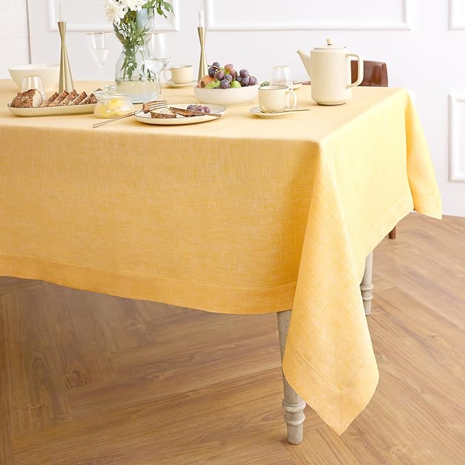 Solino Home Linen Tablecloth 60 x 90 Inch - 100% Pure Linen Chambray Mustard Yellow Table Cloth for Rectangular Tables - Athena, Machine Washable Cloth Tablecloth