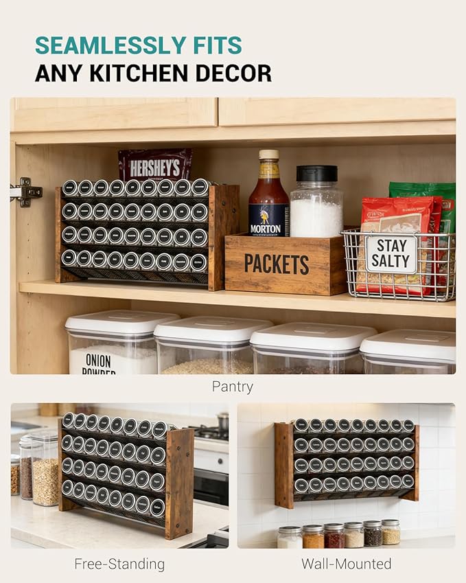 NESAPTO Spice Rack Organizer for Cabinet, Wooden 4 Tier Vertical Seasoning Organizers for Kitchen Pantry, Countertop/Wall Mount, Holds 36 Spice Jars (No Jars Included), 17.2" W 횞 9.4" H