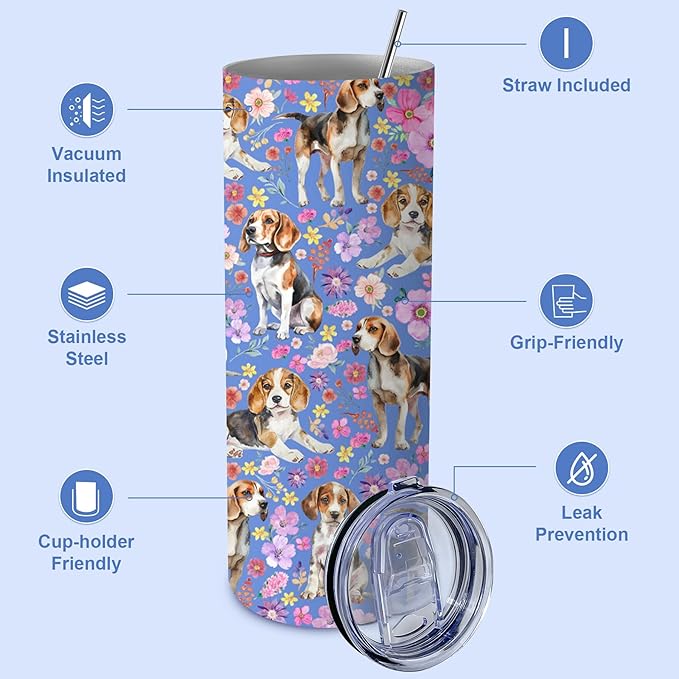 Yogusut Beagle Gifts for Women, 20oz Stainless Steel Insulated Tumbler Travel Mug Cup with Lid Straw Brush, Gifts for Dog Mom Dog Lover