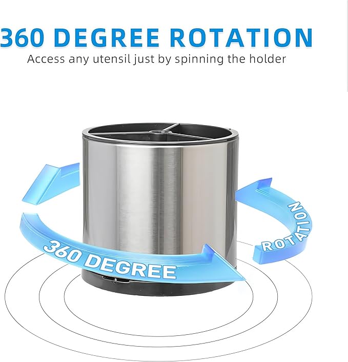 Kitchen Utensil Holder Extra Large 360째Rotating For Counter Organizer Stainless Steel Storage Cooking Silverware Caddy 3 Compartment Flatware Spoon Spatula Tool Cutlery Container